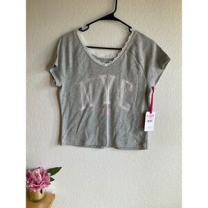 Justice Girls XL Plus Grey NYC Lace Trim Graphic Tee Raglan Short Sleeve New